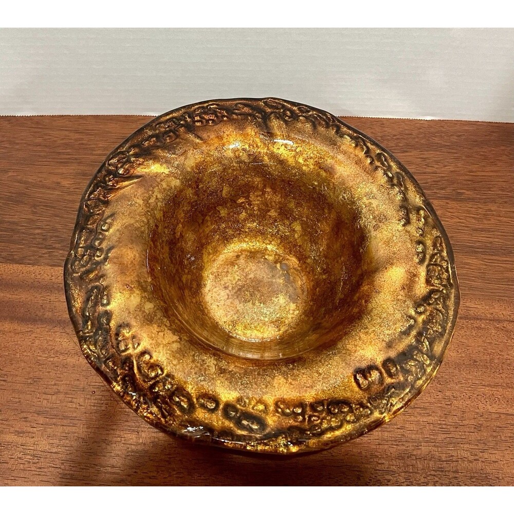 Franco Vetrerie E Cristallerie Unique Handcrafted Gold Art Glass Bowl Italy 10"